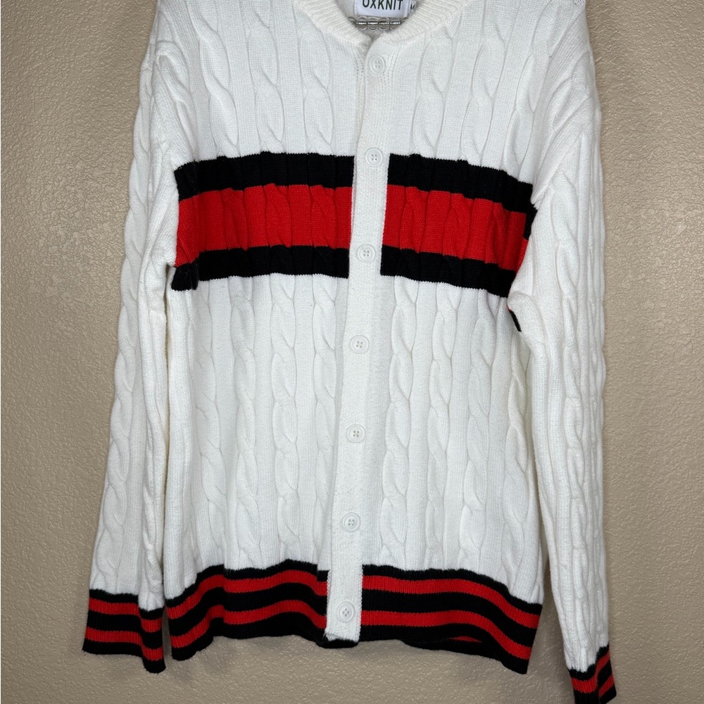 OXKNIT Women's Cable Knit Cardigan - White with Red and Black Stripes‎